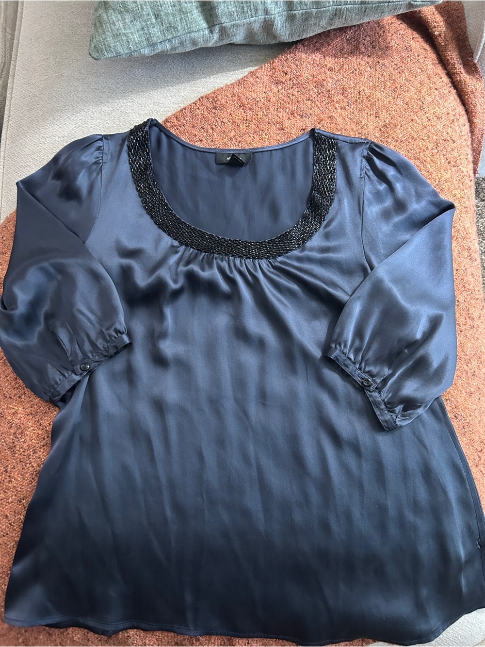 Alfani Navy Beaded Scoop-Neck Blouse